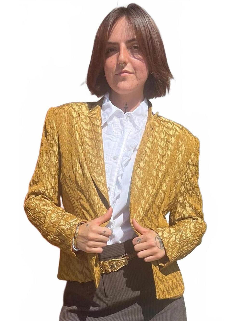 90s Alberto Makali 10 Gold Textured Silk Brocade Jacket